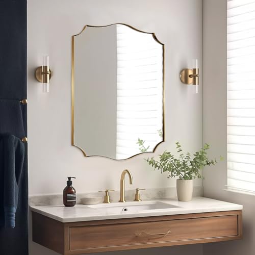 ANDY STAR Gold Vanity Mirror, Brushed Gold Mirror for Bathroom, 22x30 Irregular Wall Mirror, Asymmetrical Mirror in Stainless Steel Metal Frame Wall Mount for Bathroom, Bedroom, Living Room, Mantel