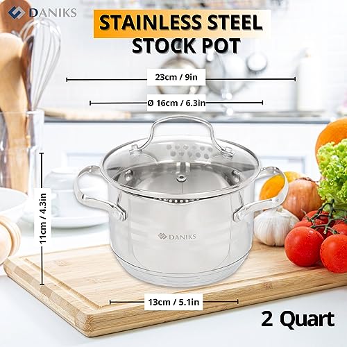 Daniks Tokio Stainless Steel Stock Pot with Glass Lid | Induction 4.5 Quart | Pasta Pot with Strainer Insert | Dishwasher Safe Pot | Measuring Scale | Soup Pasta Stew Pot | Silver