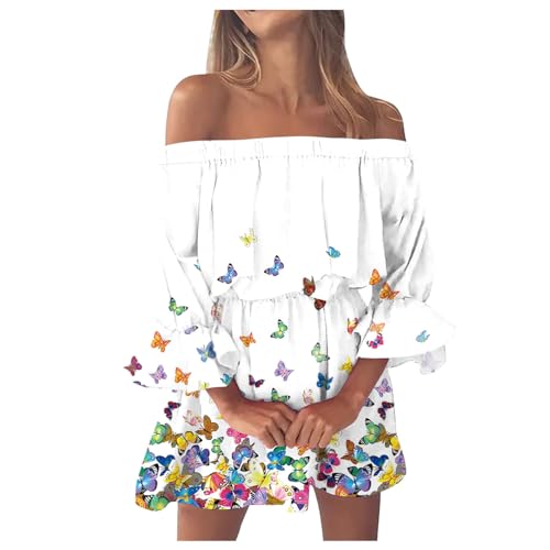 Womens Summer Dresses Sexy Off Shoulder Tunic Mini Dresses Boho Print Beach Casual Bell Sleeve Short Dress