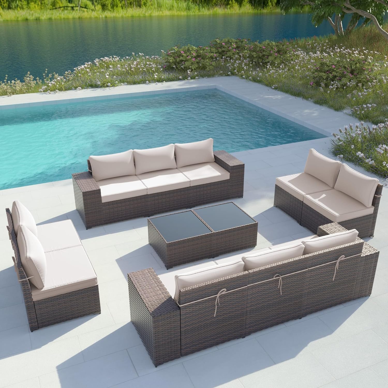 Gotland 12 Pieces Patio Furniture Set Outdoor Sectional Wicker Furniture All-Weather PE Rattan Patio Conversation Sets w/10 Replaceable Khaki Waterproof Cushions and 2 Coffee Table