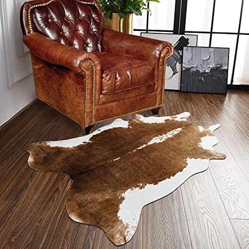 BENRON Premium Cowhide Rug Black Animal Rug Stylish Cow Rug 4.6x5.2ft Faux Cow Hide Rug Cow Print Rugs for Living Room Bedroom Man Cave Western Decor Leather Carpets