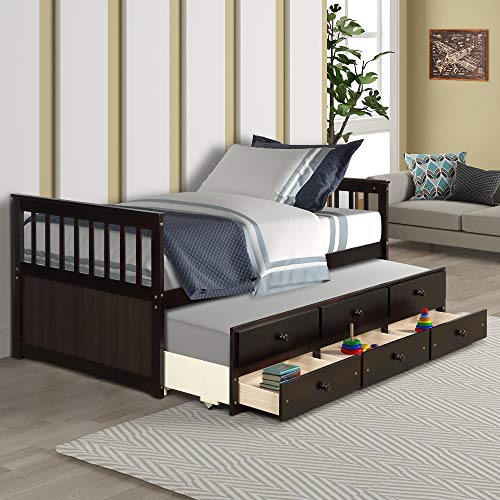 Twin Captain's Bed with Trundle and 3 Storage Drawers, Wood Daybed Frame with Headboard and Footboard,Wooden Platform Bed Great for Kids, Teens, Adults (Brown)