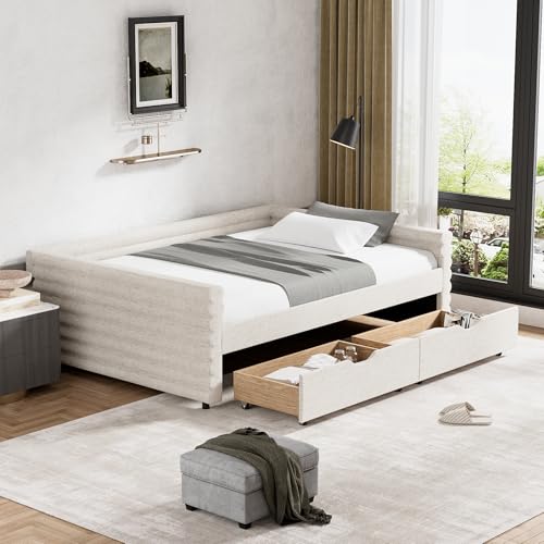 Rophefx Twin Size Daybed with Storage, Upholstered Day Bed Frame with 2 Drawers, Sofa Day Bed in Velvet Fabric with Backrest and Wood Slat Support,No Box Spring Needed, for Bedroom Guest Room, Pink