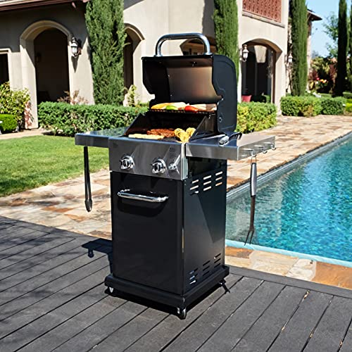 Permasteel 2-Burner Gas Grill, Foldable Side Tables, Grilling Tool Hooks, Propane Gas Barbecue Grill, Black with Copper Accent