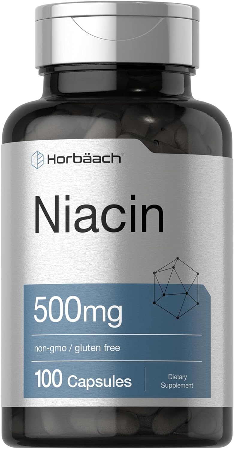 Horbäach Niacin | Vitamin B3 500mg | 100 Capsules | with Flushing | Non-GMO, and Gluten Free Supplement