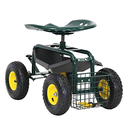 Kinfant Rolling Garden Cart with Seat - Garden Scooter Rolling Stool Gardening Cart with Tool Storage Basket & Swivel Seat