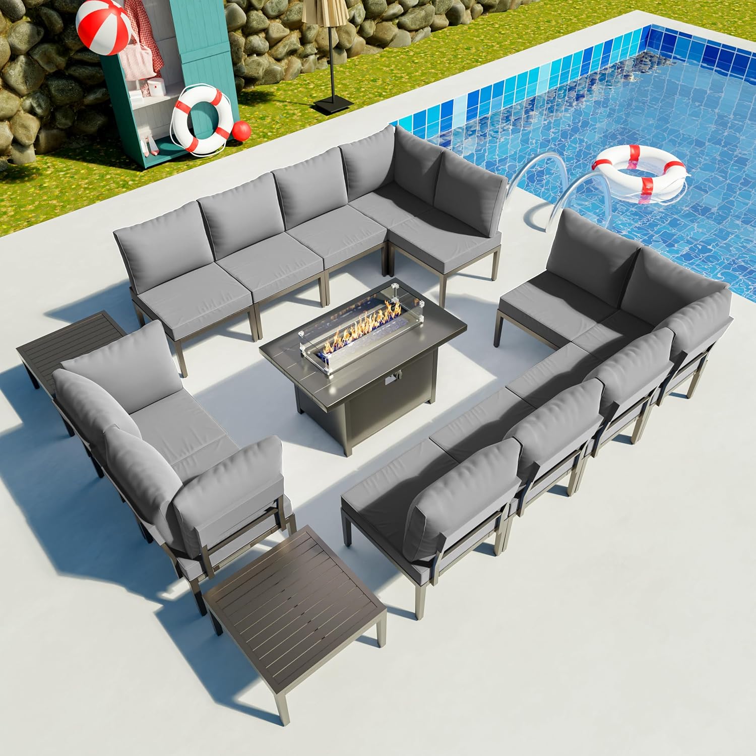 Gotland 15 Piece Outdoor Patio Furniture Set with Gas Fire Pit Table, Sectional Sofa w/43in Propane Fire Pit, 55,000 BTU Auto-Ignition Firepit w/Glass Wind Guard