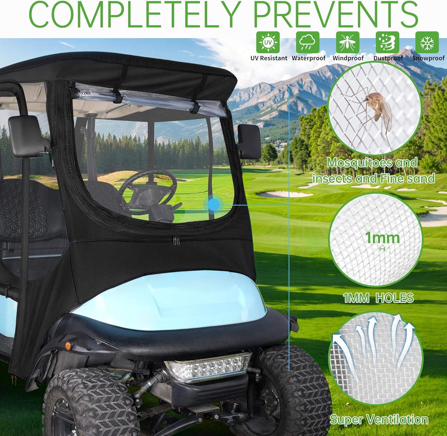 10L0L Golf Cart Enclosure Sun Shade Cover for Club Car Precedent 2 Passengers with Dust Netting Windshield and 4 Sided Transparent Dust Netting Double Windows, Suitable for All Seasons and All Days