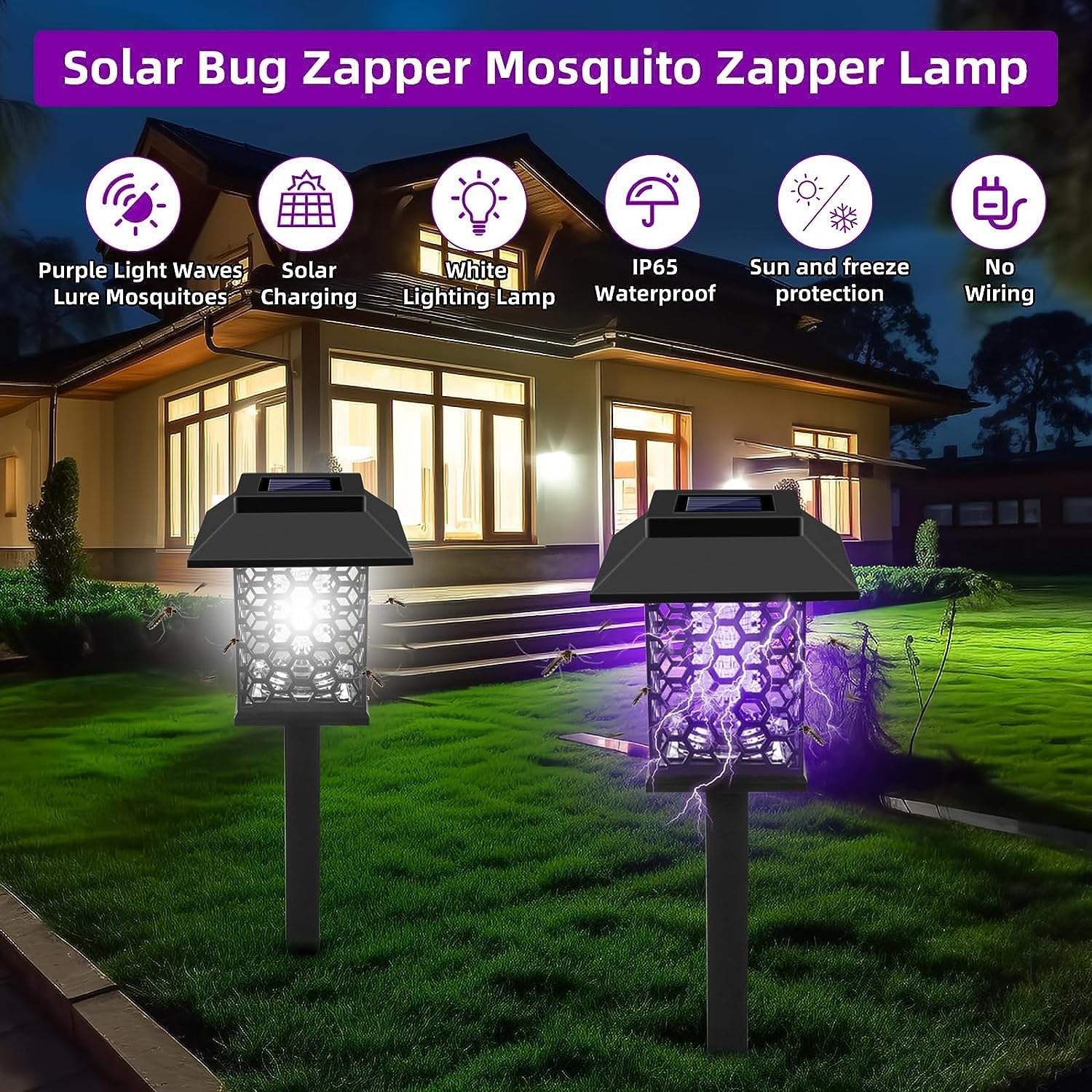 2 Pack Solar Bug Zapper Outdoor 2 in 1 Mosquito Zapper Killer Lamp & Lighting Fly Zapper Repellent Stake Landscape Fixture for Garden Patio Pathway Backyard Camping Insect Mosquito Repellent