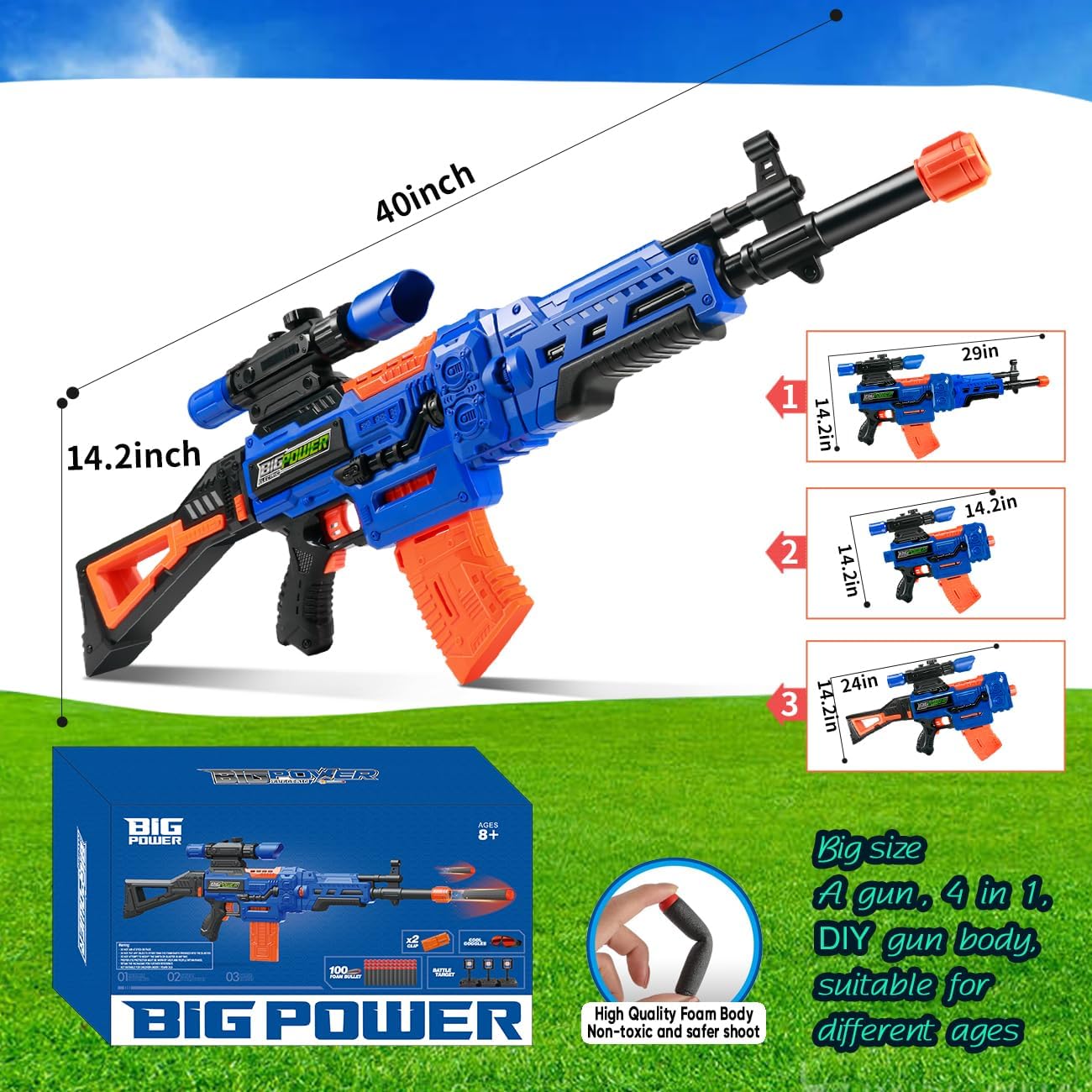 Bigpower Electric Kids Toy Sniper Rifle with Scope Tactical Vest Kit,4 in 1 Automatic Kids Sniper Rifle Toy Guns for Boys 8-12,Rifle Dart Guns for Adults，Toy Guns with Removable Magazines（2 Pieces