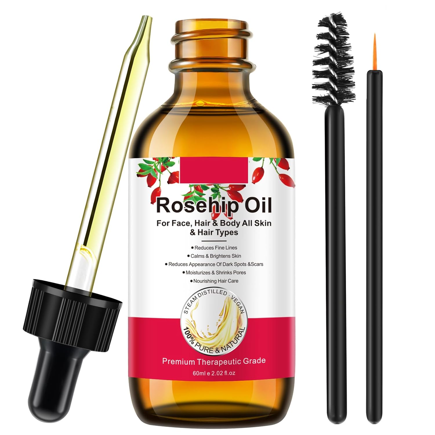 60ML Rosehip Oil for Face, Organic Rosehip Seed Oil for Skin, Facial Rosehip Essential Oil, Rose hip Seed Oil for Face Cold Pressed Unrefined For Face, Hair, Nail, Scar, All Skin & Hair Types