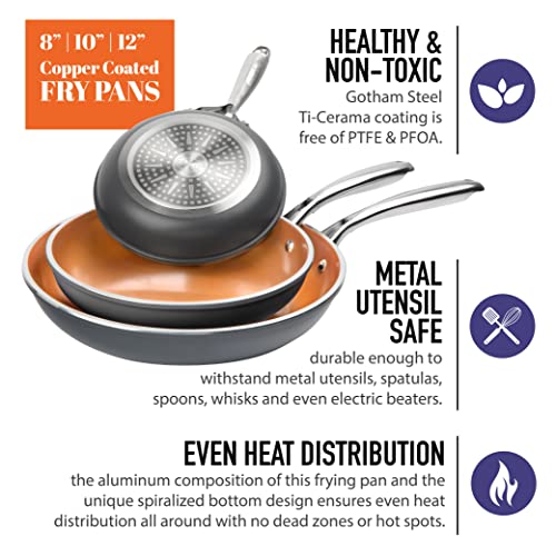 GOTHAM STEEL Frying Pan Set, 3 Piece Nonstick Copper Fry Pans Set, 8”, 10” & 12” Nonstick Frying Pans, Nonstick Skillet Set, Omelet Pan, Cookware, PFOA Free, Dishwasher Safe, Cool Touch Handle - RED