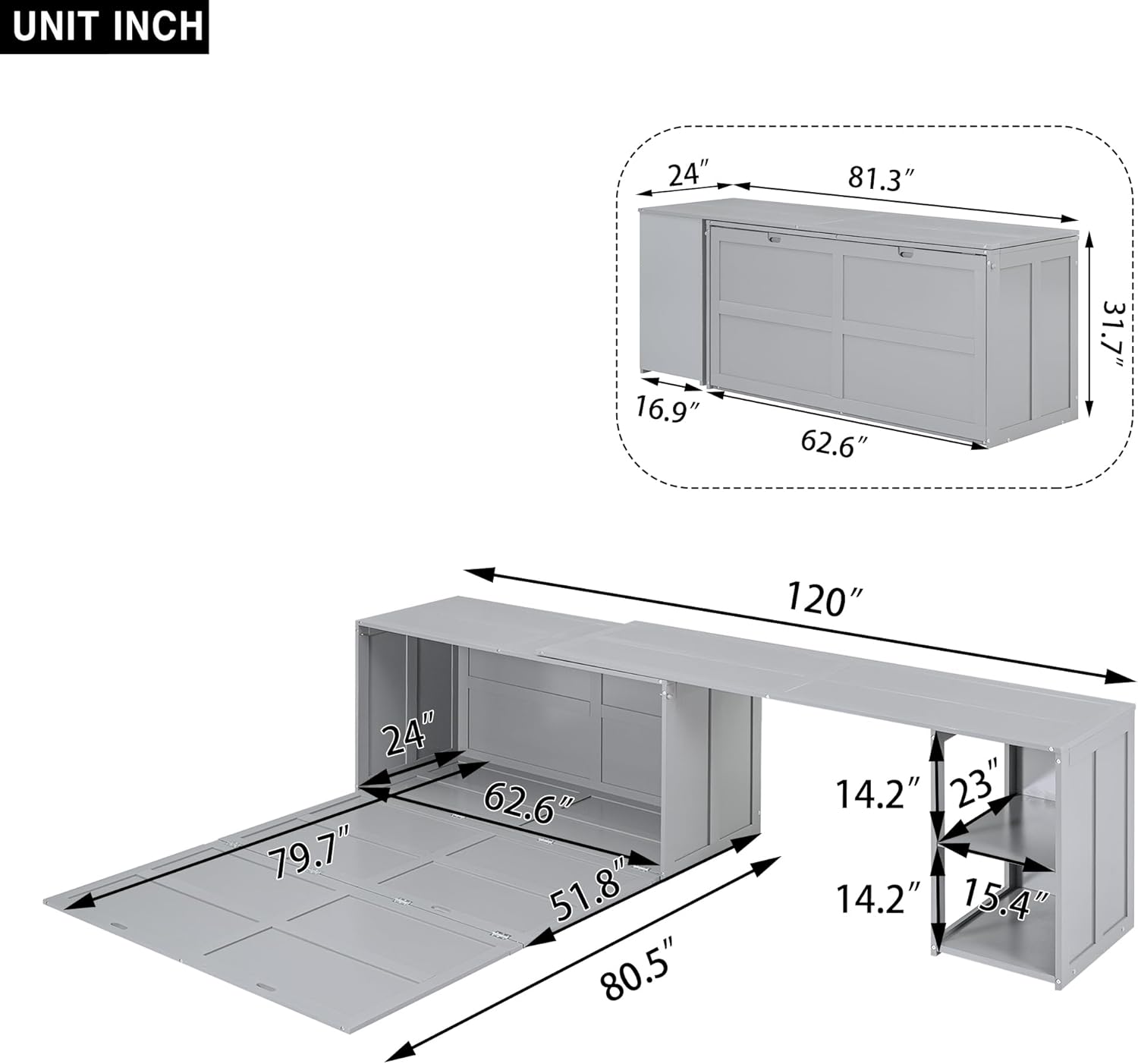 Queen Size Cube Cabinet Murphy Bed with Rotatable Desk and Storage Shelves,Space-Saving Design,Multifunctional Murphy Bed Frame for Guest Room or Home Office,Gray