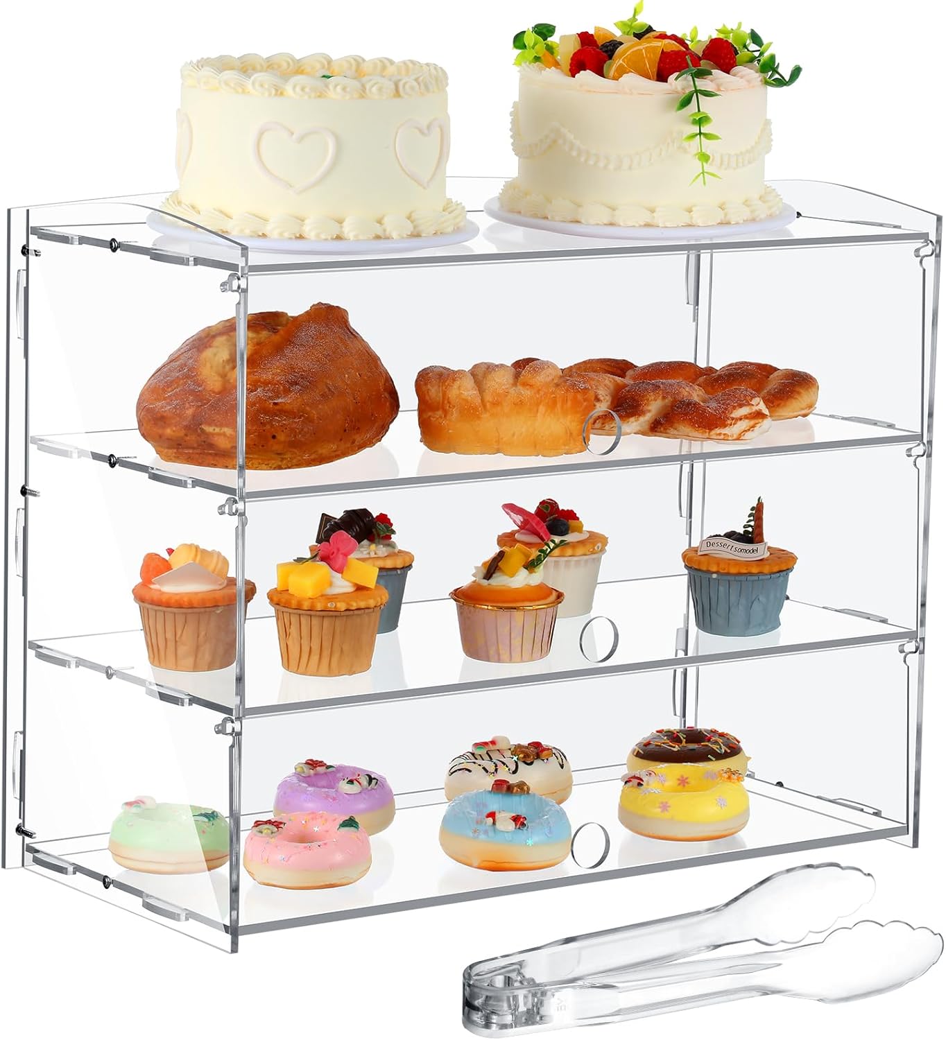 3 Tier Pastry Display Case with Serving Tong, Clear Acrylic Countertop Display Case, Bakery Pastry Display, Bread Box Cabinet for Cake Cookie Donut Bagels, 20.08 x 9.45 x 15.75 Inches