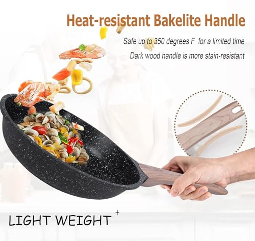 Ucclife 10pcs Pots and Pans Set Nonstick, Granite Frying Pans Induction Kitchen Cookware Sets, with Wood Print Handles Frying Pans, Saucepans, Steamer Shovel Spoon, Beige