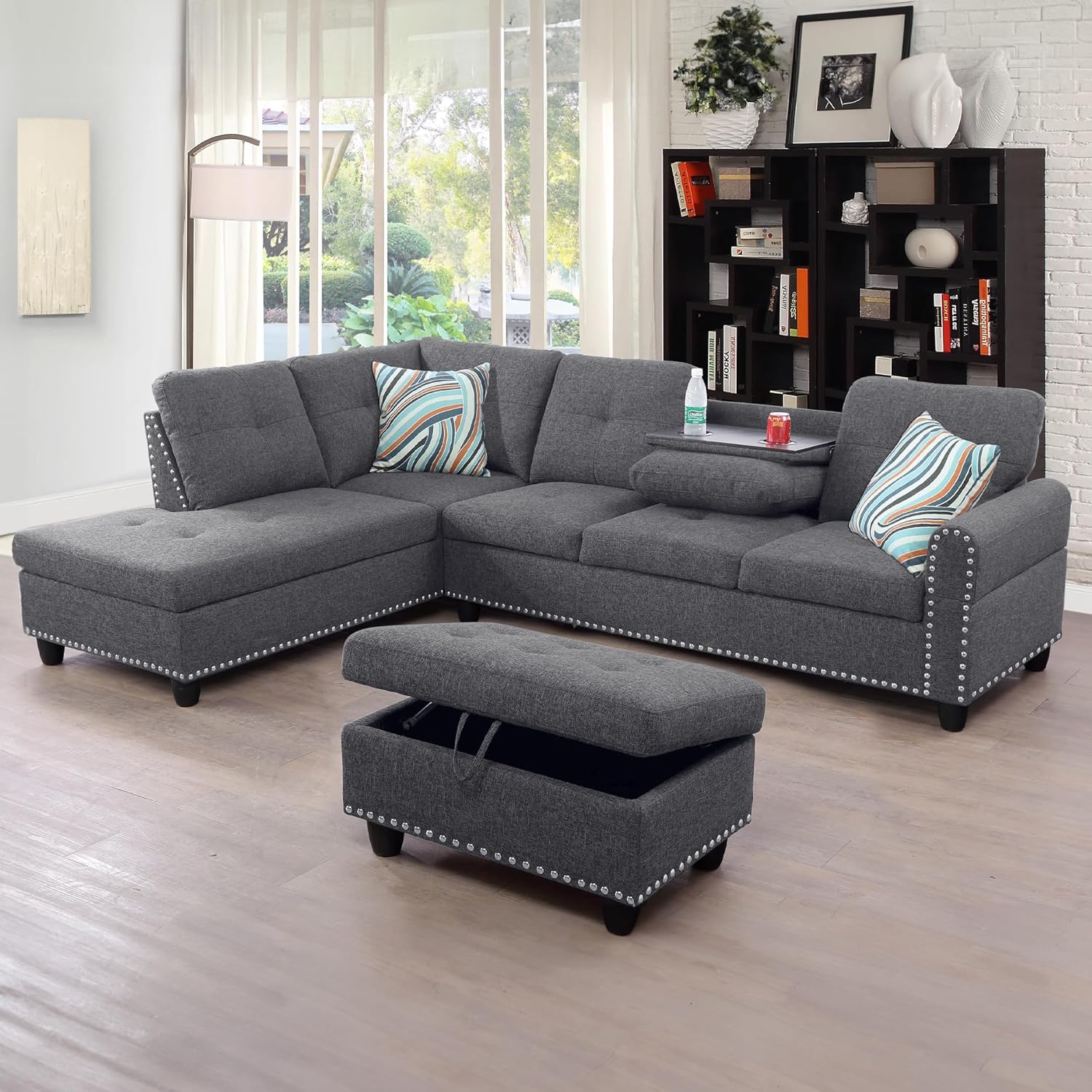 L-Shaped Sectional Sofa Set 3-Piece Luxurious Flannelette 5-seat Couches with Ottoman, Cup Holder, Pillow, Space-Saving Design Perfect for Living Room, Apartment, Left Hand, Grey