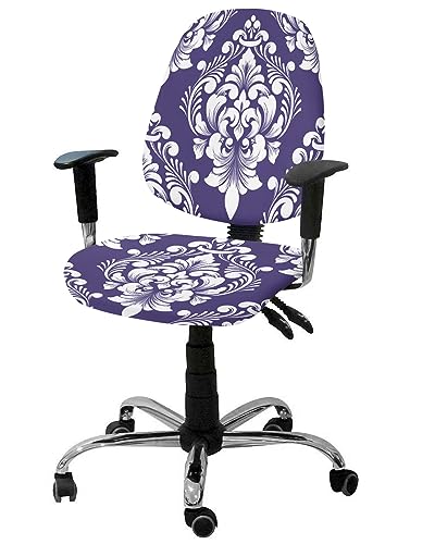 Purple Ethnic Totems Office Chair Covers 2PCS, Stretch Computer Chair Cover Universal Rotating Desk Chair Seat Cover Washable Back Chair Slipcover Protector Vintage Classical Brocade Old-fashioned