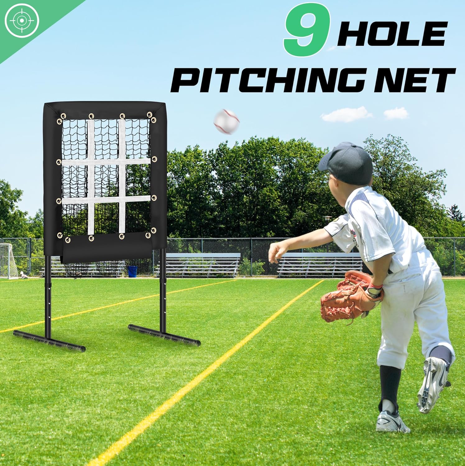 9 Hole Pitching Net Baseball Pitching Target with Strike Zone, Softball Pitching Aid Net, 3 Level Adjustable Height, Portable Training Equipment for Hitting and Pitching Practice