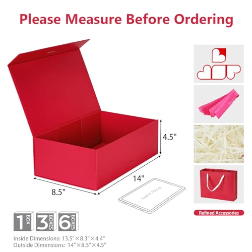 PRO.ME Magnetic Gift Box with Lids 10x7.1x3.5 Inches 6 Pack Fancy Blue Gift Box for Presents with Card, Ribbon, Shredded Paper Filler for Wrapping Gifts, Bridesmaid Proposal