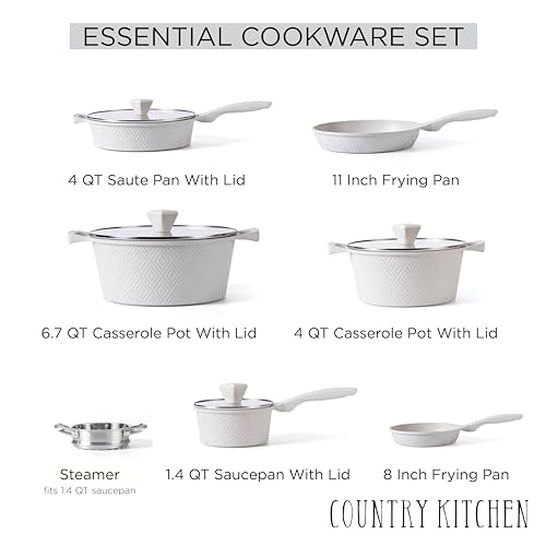 Country Kitchen Nonstick Induction Cookware Sets - 11 Piece Cast Aluminum Pots and Pans with BAKELITE Handles And Glass Lids (Cream)