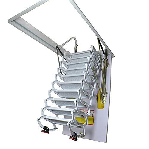 TECHTONGDA Ceiling Attic Loft Ladder, Folding Ladder Loft Stair, 13 Steps Retractable Attic Ladder, White Pulldown Attic Stairs with 27.5 x 47.2in Open Size and 10.5ft Heigh, Pulling Down from Ceiling