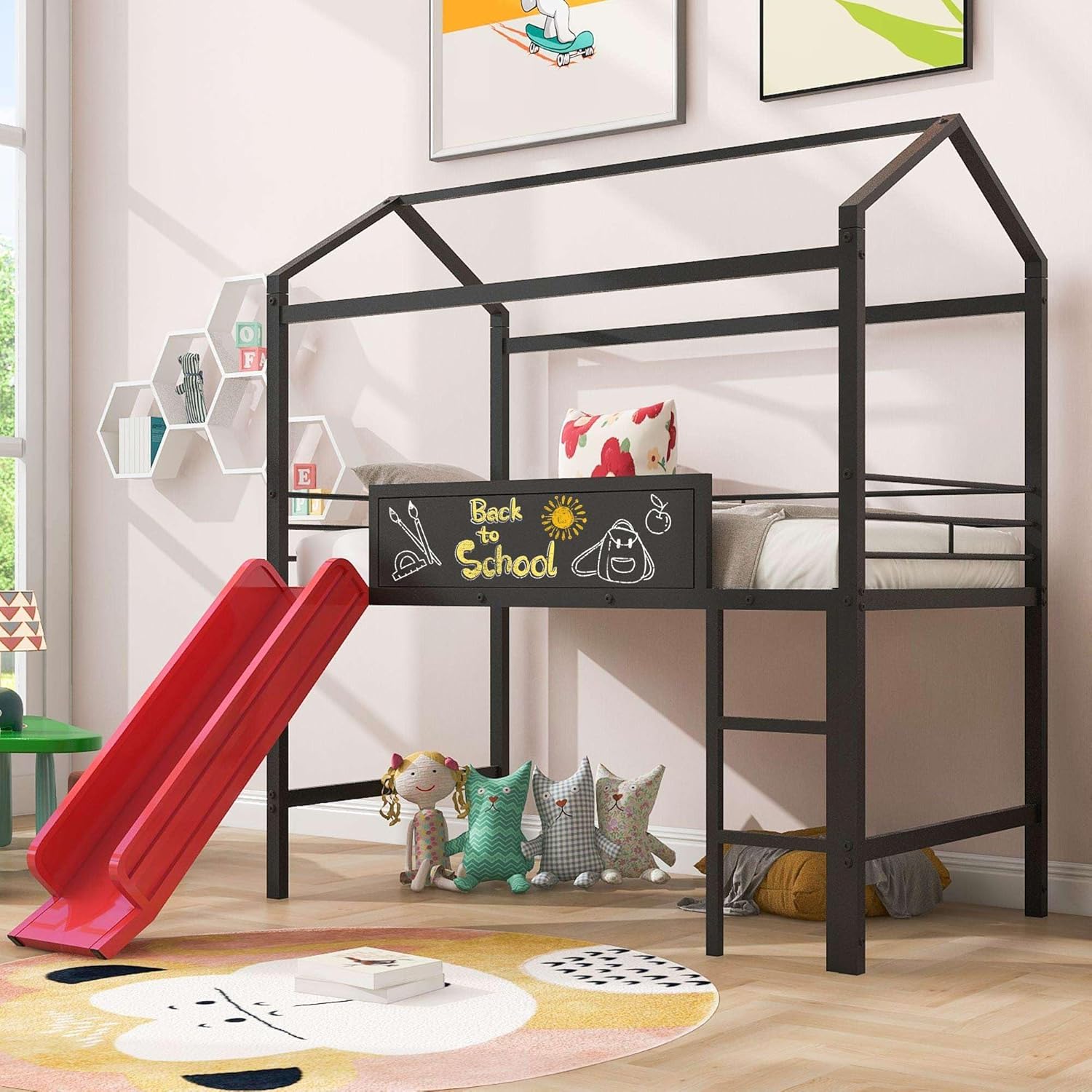 Adventure-Ready Twin Metal Loft Bed with Slide and Writable Wooden Boards in Black and Red - Create, Play, and Sleep in Style!