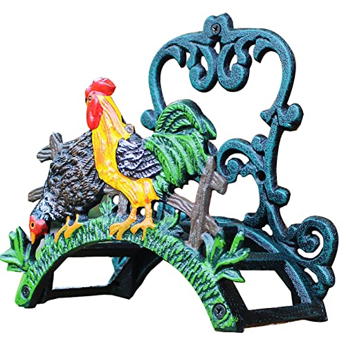 Wall Mounted Garden Hose Holder - Rooster Pattern Design, Cast Iron Water Pipe Storage Rack, Front Door/Farmhouse/Porch Wall Decor, Euro Style Vintage