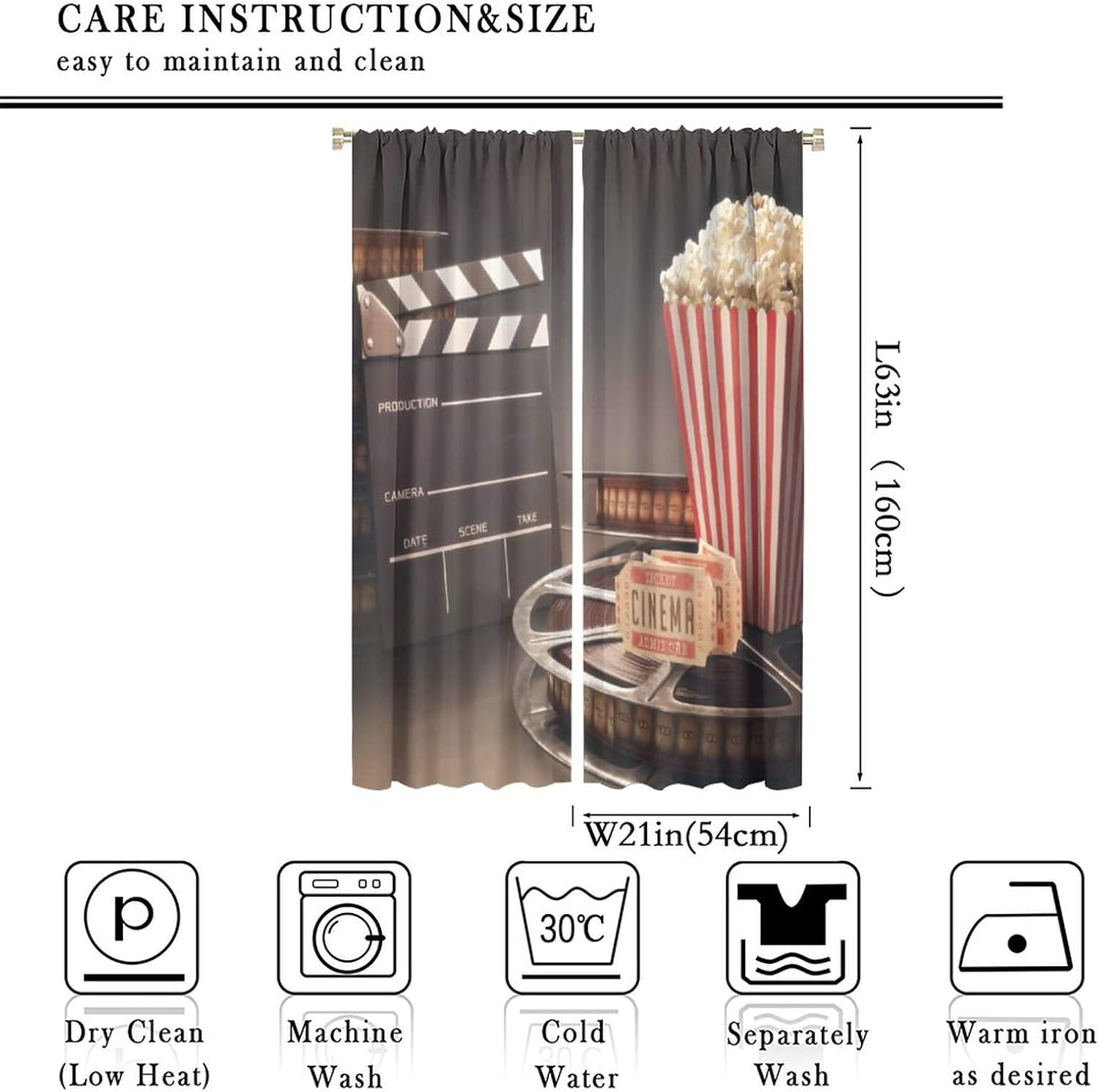 NC Movie Theater Blackout Curtains,Old Fashion Related to Cinema Film Reel Motion Picture Popcorn,Window Drapes 2 Panel Set for Bedroom Living Room Kitchen Window Curtains Apartment Decor 42x63in