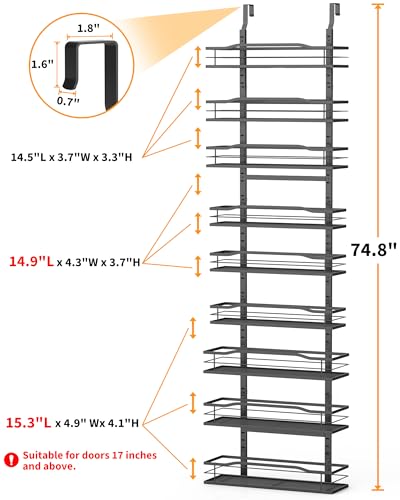 Moforoco White Narrow 9-Tier Over The Door Pantry Organizer, Pantry Organization and Storage, Black Hanging Basket Wall Spice Rack Seasoning Shelves, 12.2