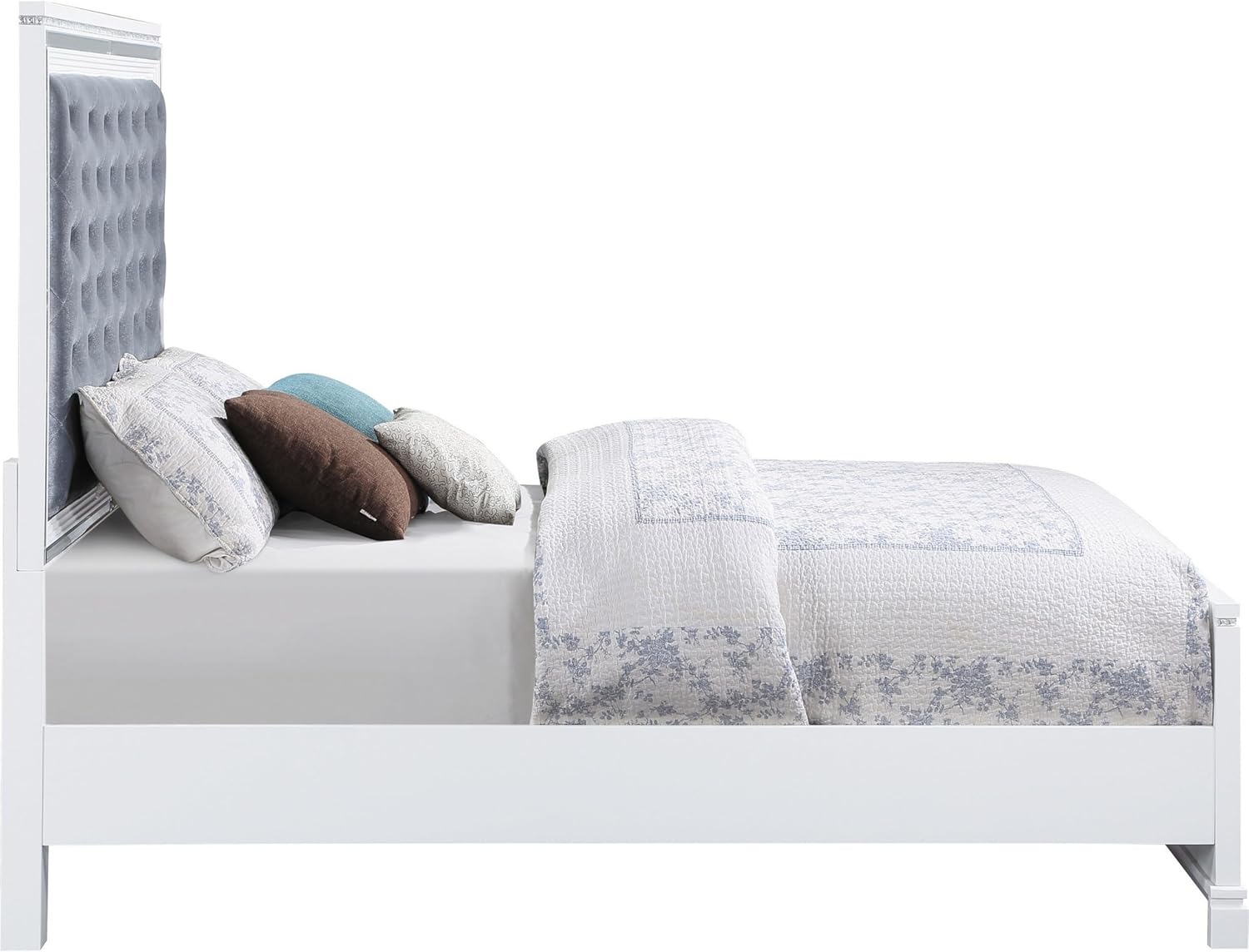 Benjara Axl Foam King Bed, Tufted Headboard, Velvet Upholstery, Frame, Silver and White