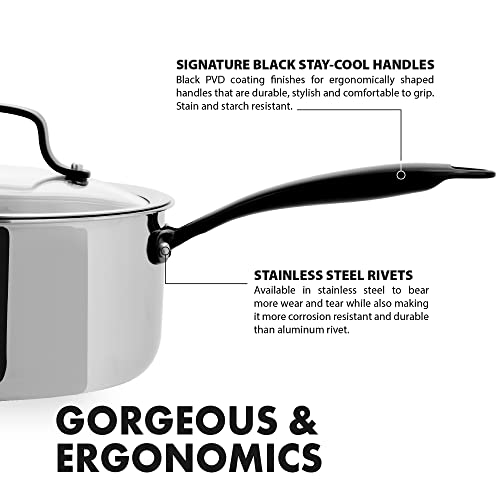 GrandTies Full-Clad Tri-Ply Stainless Steel Sauce pan Induction Cookware – 3 QT Stainless Steel Pot, Marquina Black Metal Handles Kitchen Cooking Pot with Lid, Dishwasher Safe Pots and Pans