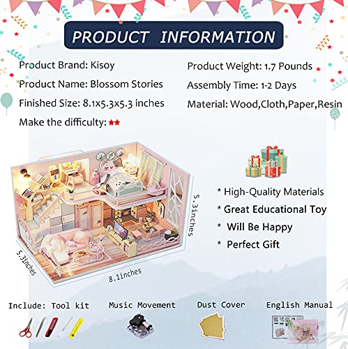 Kisoy Dollhouse Miniature with Furniture Kit, Handmade DIY House Model for Teens Adult Gift (Blossom Stories)