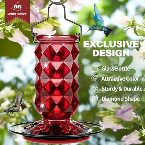 Glass Hummingbird Feeders for Outdoors, 25 Ounces Wild Bird Nectar Feeder with Perch & 5 Flower Feeding Ports Leak proof Hanging for Garden Backyard Decor, Gifts for Women Mom, Red