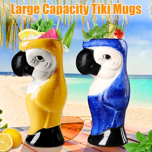 SuproBarware Tiki Mugs Set of 2 - Large Parrot Cocktail Tiki Glasses Hawaiian Party Cute Exotic Cocktail Glasses Hawaiian Ceramic Mug