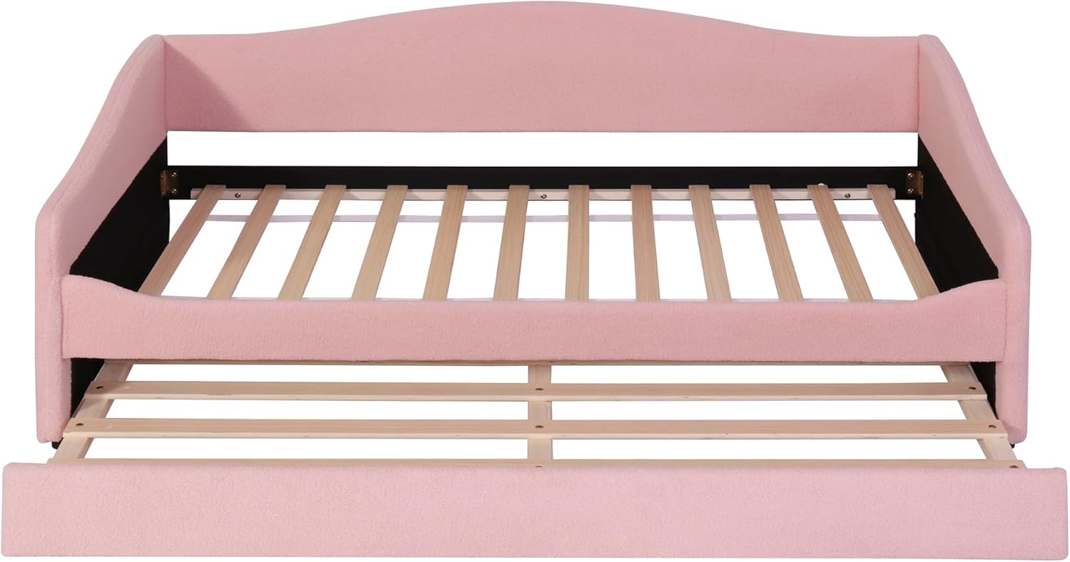 Bellemave Twin Daybed with Trundle, Twin Bed Frame with Light, Trundle Bed, Sofa Bed fram, No Box Spring Needed, Teddy Fleece Bed, Pink