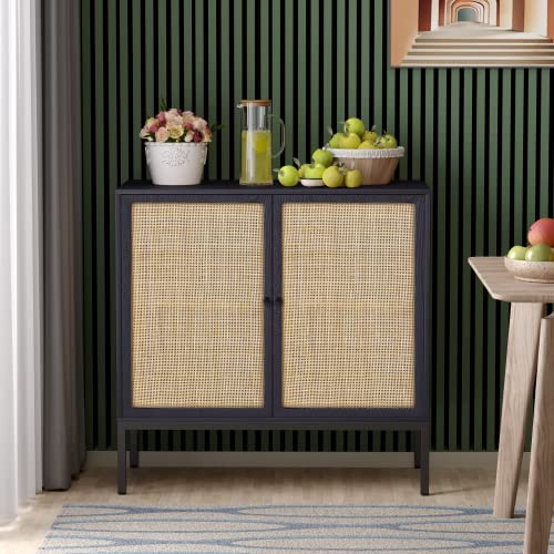 Yechen Storage Cabinet with 2 Handmade Natural Rattan Doors, Console Table Sideboard Cabinet Buffet Cabinet Rattan Cabinet, for Living Room, Dining Room, Entryway, Kitchen, Black, Oval doors
