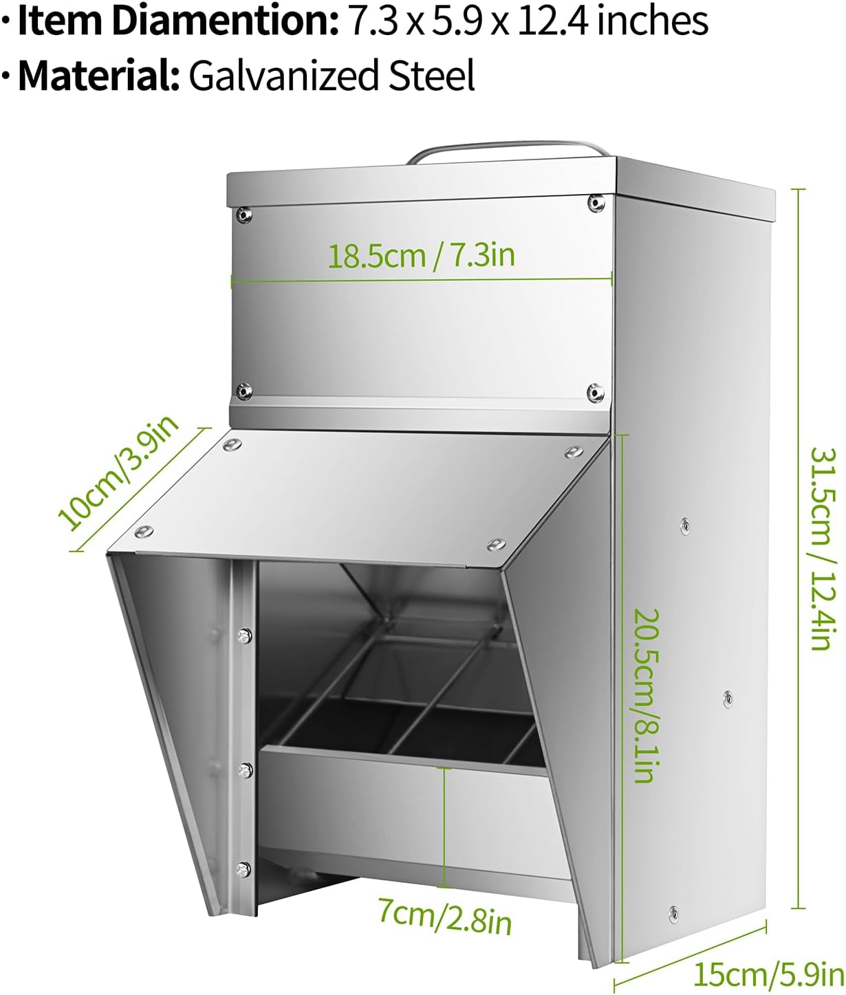 Galvanized Chicken Feeder 11.5 Lbs Capacity, Outdoor Rat Proof Metal Poultry Feeder with Lid, Hanging Chicken Feeder, Coop Food Dispenser No Waste for Chicken， Duck