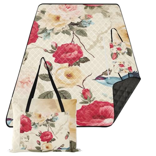 Retro Red Rose Birds Flowers Picnic Blanket Waterproof Foldable Outdoor Beach Blankets Sandproof Picnic Mat Extra Large Camping Blanket for Camping Hiking Travel Park Concerts, 60x80 in