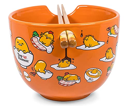 Silver Buffalo Sanrio Gudetama x Nissin Top Ramen Japanese Ceramic Dinnerware Set | Includes 20-Ounce Ramen Noodle Bowl and Wooden Chopsticks