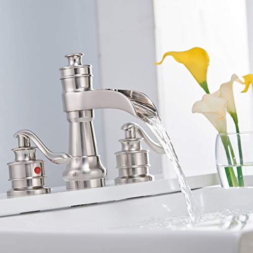 Widespread Bathroom Faucet Brushed Nickel Waterfall 2-Handle with Pop up Drain Stopper Farmhouse Sink Bath Vanity 3 Holes 8-16 Inch Mixer Tap Commercial Supply Line Lead-Free by Homevacious