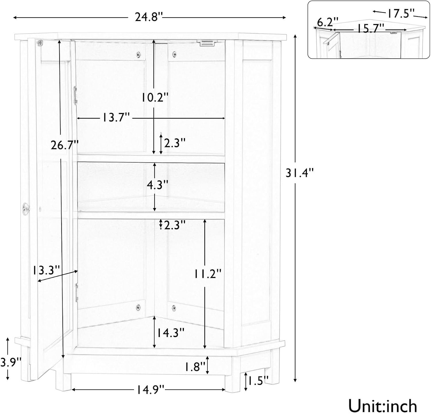 Stylish White Corner Cabinet with Adjustable Shelves, Space-Saving Design, Ideal for Bathroom, Living Room or Dining Room