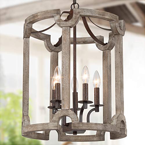KSANA Farmhouse Chandelier, 5-Light French Country Wood Drum Light Fixture with Distressed White Finish for Dining Room, Living Room, Bedroom, Kitchen Island, and Foyer