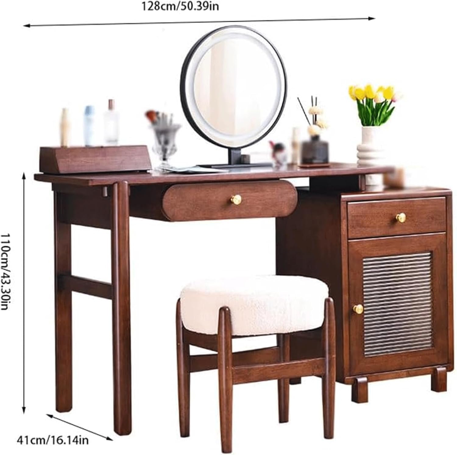 Solid Wood Dressing Table Modern Makeup Vanity Set Storage Cabinet LED Lighted Mirror Vanity Desk Cushioned Stool Makeup Table