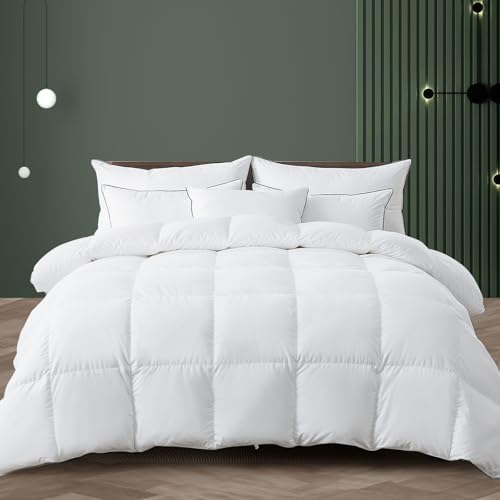 APSMILE Premium Feathers Down Comforter Queen Size, AirF™ All Season Duvet Insert with Egyptian Cotton Blend Cover, 850 FP Fluffy Bed Comforter with 8 Tabs (White, 90