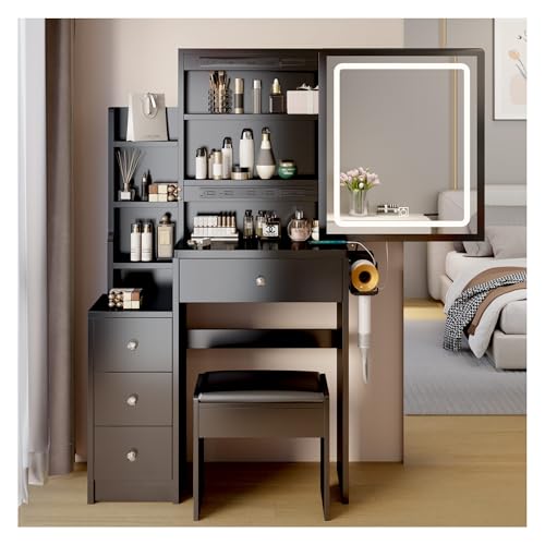 Vanity Desk with Mirror and Lights, Wooden Makeup Table Set with 5 Drawers,7 Storage Shelves and 1 Chair, Modern Dressing Table with Power Outlet for Bedroom, Black
