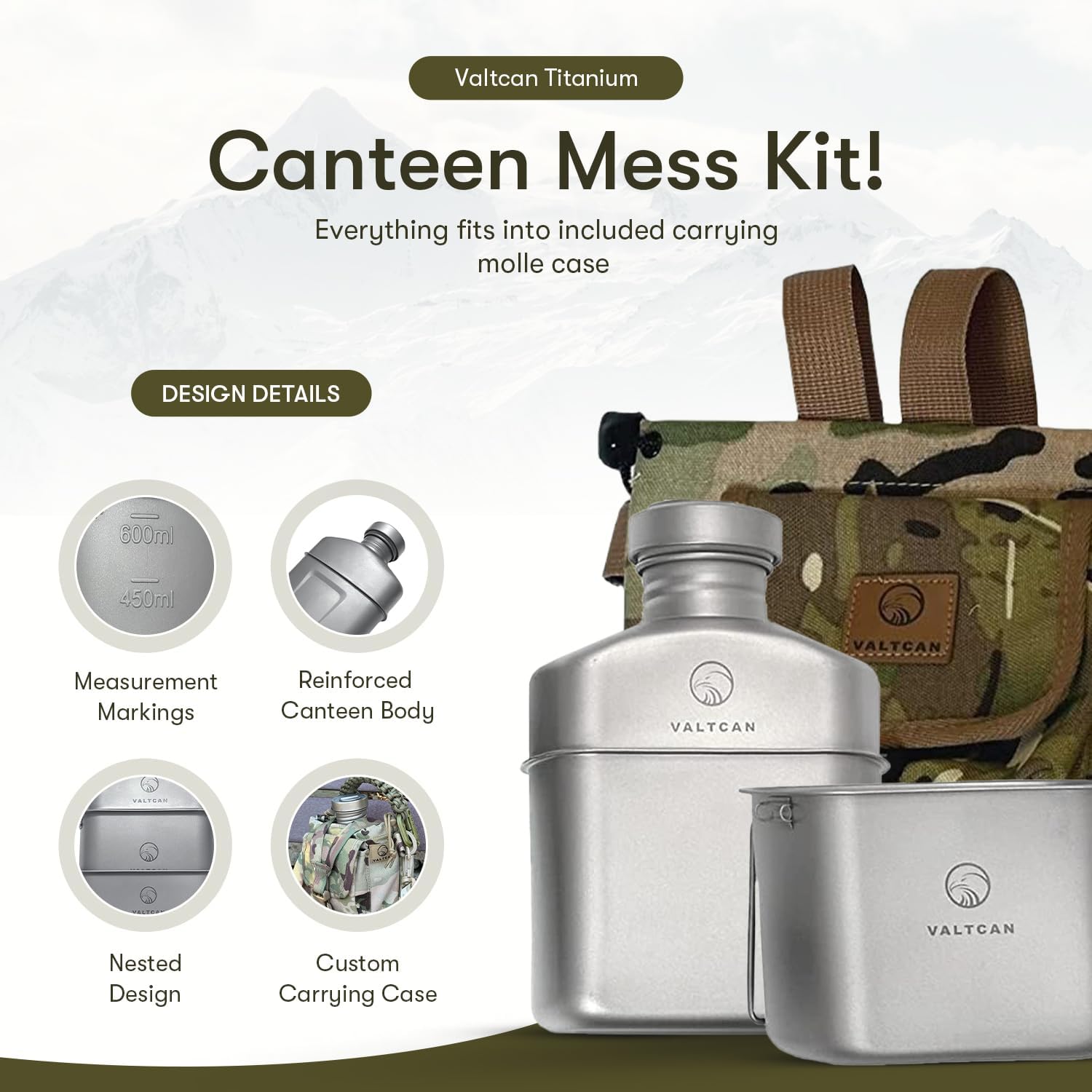 Valtcan Titanium Canteen Military Mess Kit 1100ml 37oz Capacity with 750ml and 400ml cookware Cups
