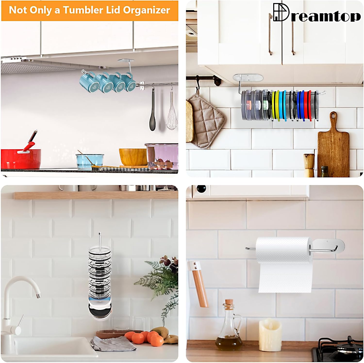 Dreamtop 10.8 ''Tumbler Lid Organizer, 2 Pack for 30 Lids Cup Lid Organizers Holder for Yeti/Stanley/Owala Tumbler Lid, Self-Adhesive or Drilling Tumbler Lid Hook Storage Under Cabinet Space Saving