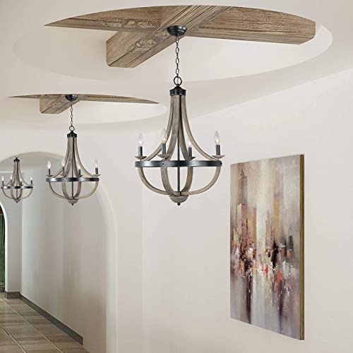 2024 Upgraded 4-Light Wood Modern Farmhouse Orb Chandelier, French Country Rustic Dining Room Chandelier over Table, Coastal Pendant Light Fixtures Ceiling Hanging for Kitchen Island Foyer Entryway