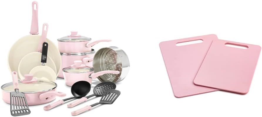 GreenLife Soft Grip Healthy Ceramic Nonstick, 16 Piece Cookware Pots and Pans Set, PFAS-Free, Dishwasher Safe, Soft Pink & 2 Piece Cutting Board Kitchen Set, Dishwasher Safe, Extra Durable, Soft Pink