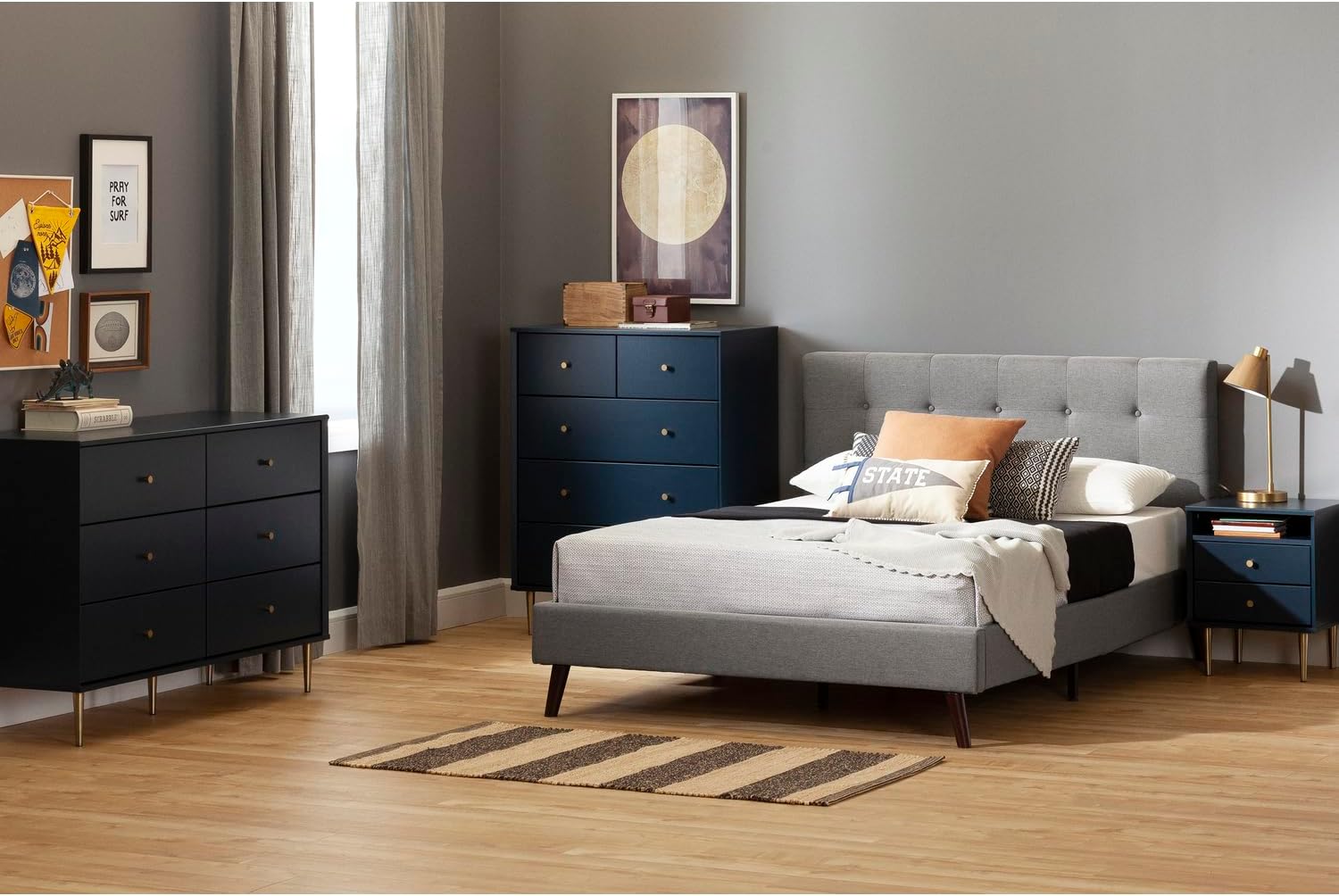 South Shore Dylane Upholstered Platform Bed and Headboard, Twin, Pale Pink